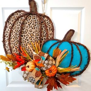 Fall Cheetah Print Pumpkin Grapevine Doorhanger